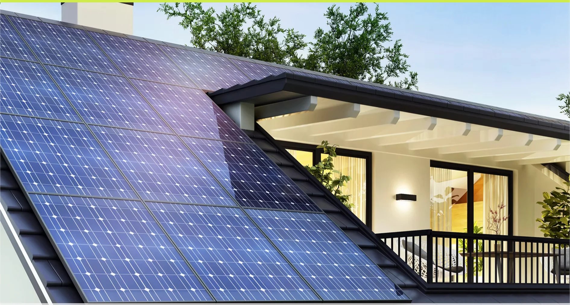 Solar panels installed on a residential roof with a modern home and covered porch visible below
